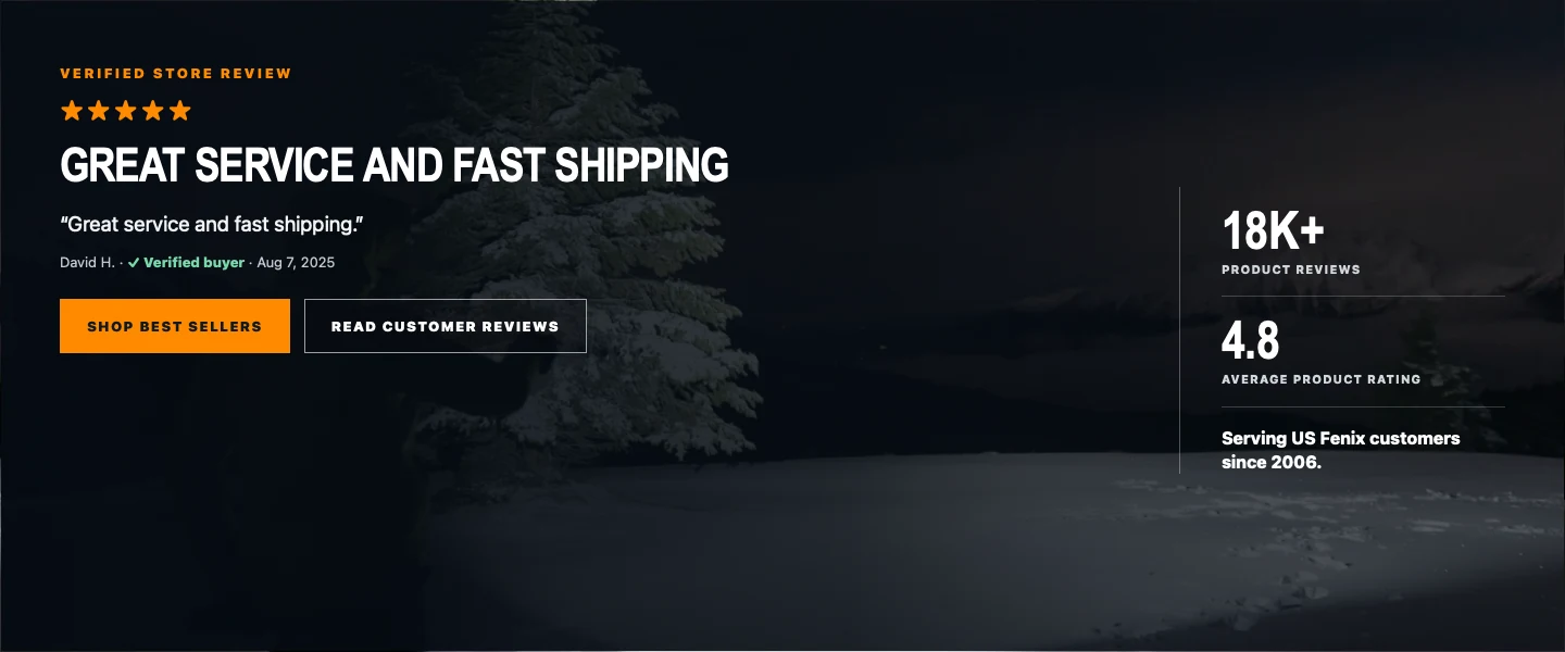 Customer review homepage hero showing a flashlight beam in winter