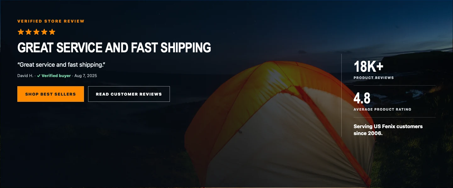 Customer review homepage hero at a nighttime campsite