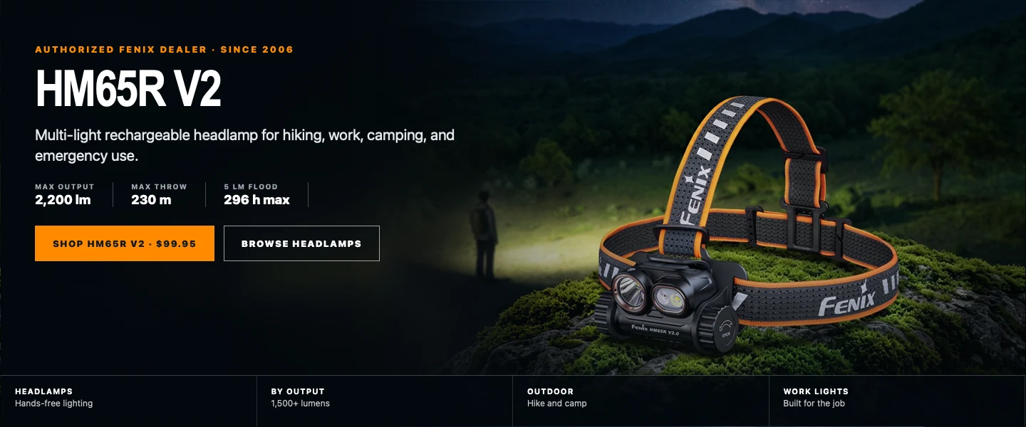 HM65R V2 headlamp homepage hero in a mountain setting
