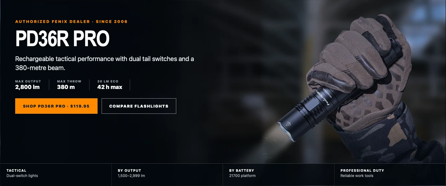 PD36R Pro flashlight homepage hero in a gloved hand