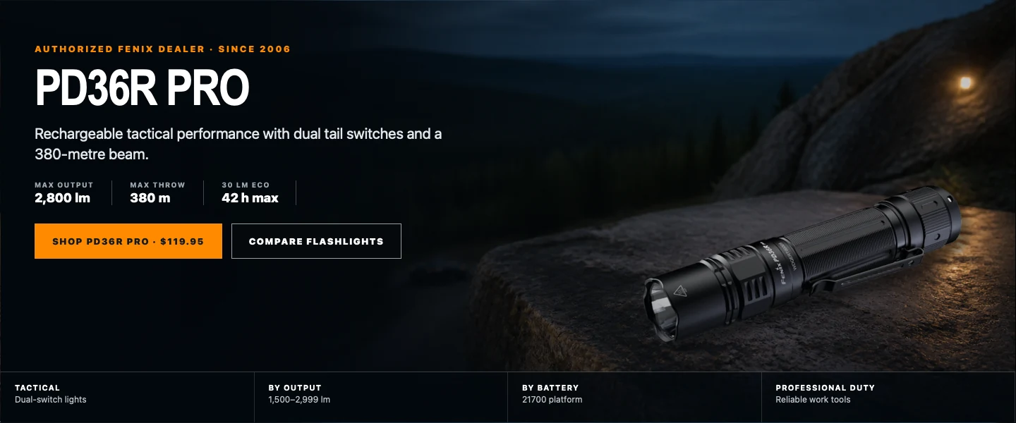 PD36R Pro flashlight homepage hero resting on a stone ledge