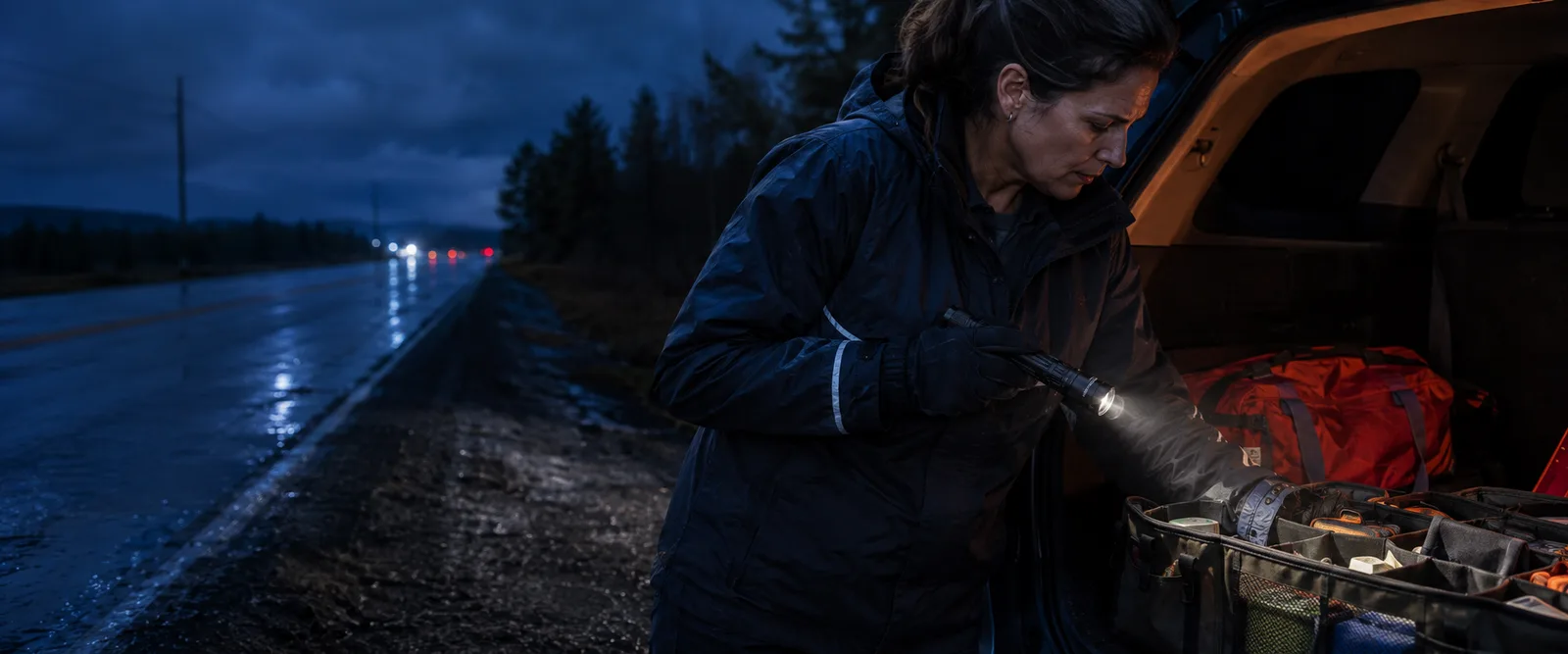 Roadside responder naturally holding a Fenix PD36R Pro over an emergency kit after a storm