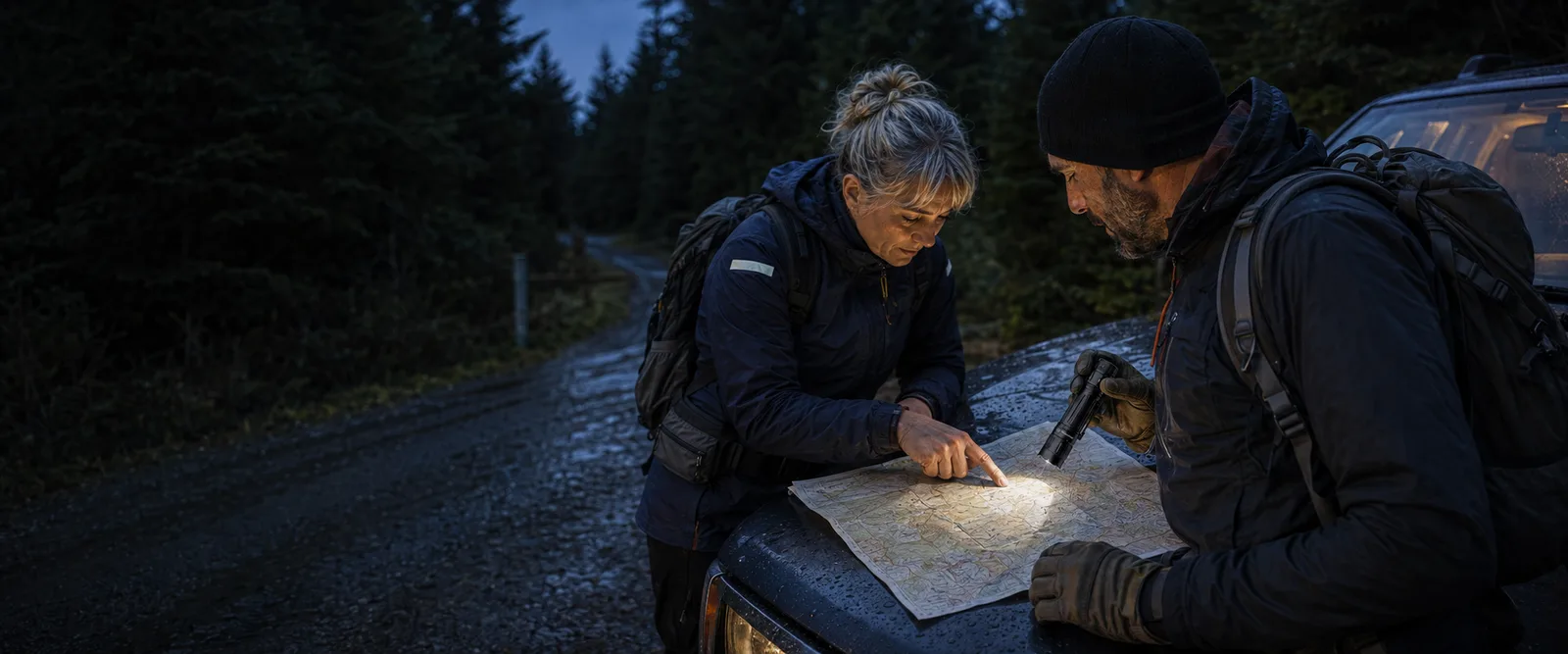 Search team member naturally holding a Fenix PD36R Pro while illuminating a map