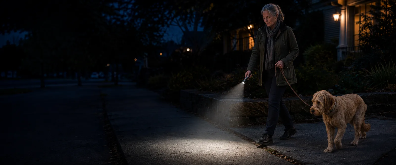 Dog owner holding a black Fenix E08R UE low at her side with its floodlight visibly aimed down the walking path