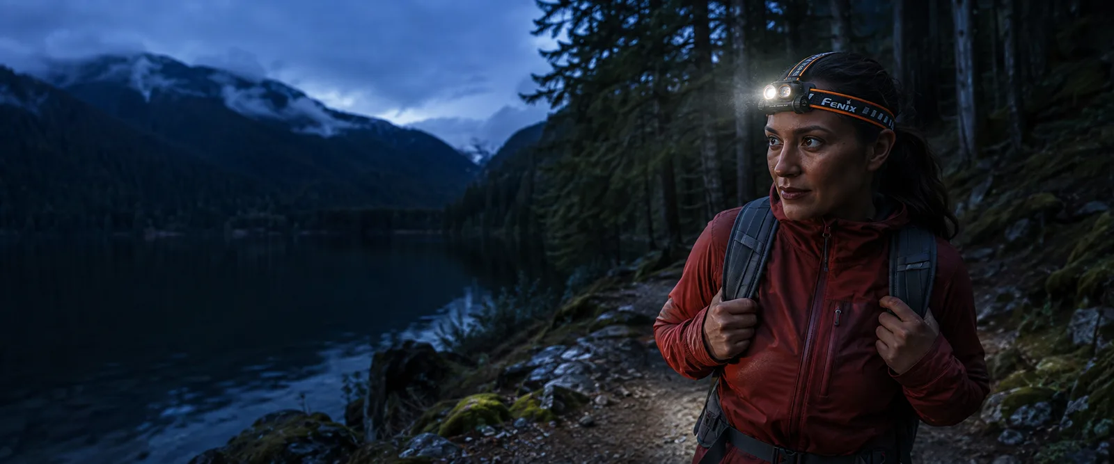 Hiker naturally wearing a Fenix HM65R V2 headlamp beside a lake at blue hour