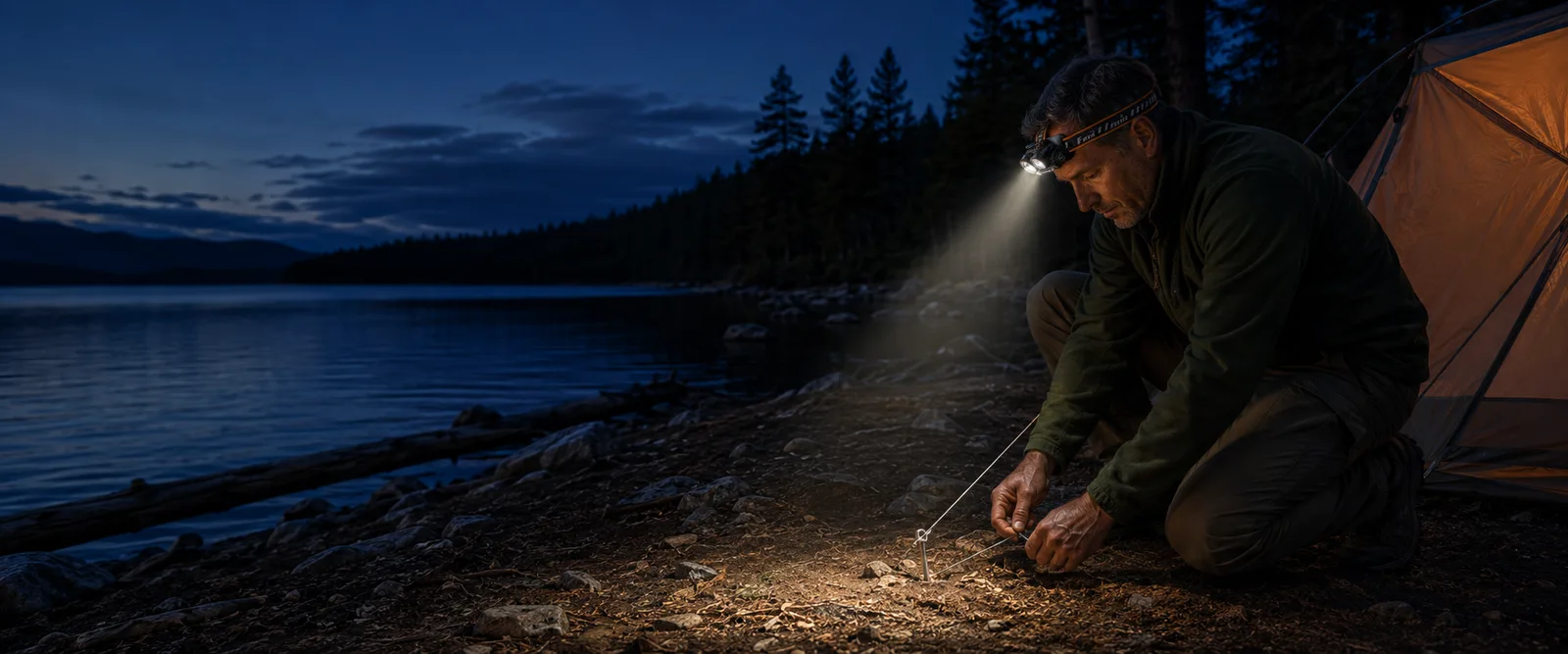 Camper naturally wearing a Fenix HM65R V2 while adjusting a tent line at dusk